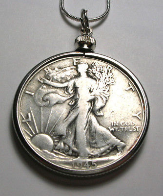 Necklace Pendant Bezel w/ a nice 1945 Walking Liberty 90% Silver Half Dollar