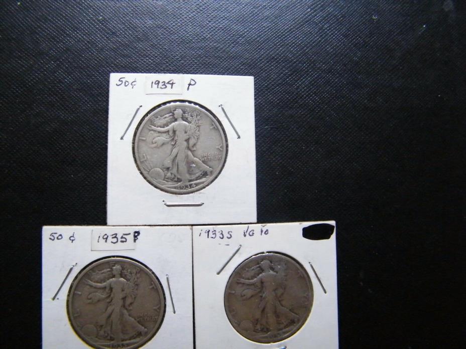 3 SILVER WALKING LIBERTY HALF DOLLARS 1933-S, 1934, 1935 auctiond16p