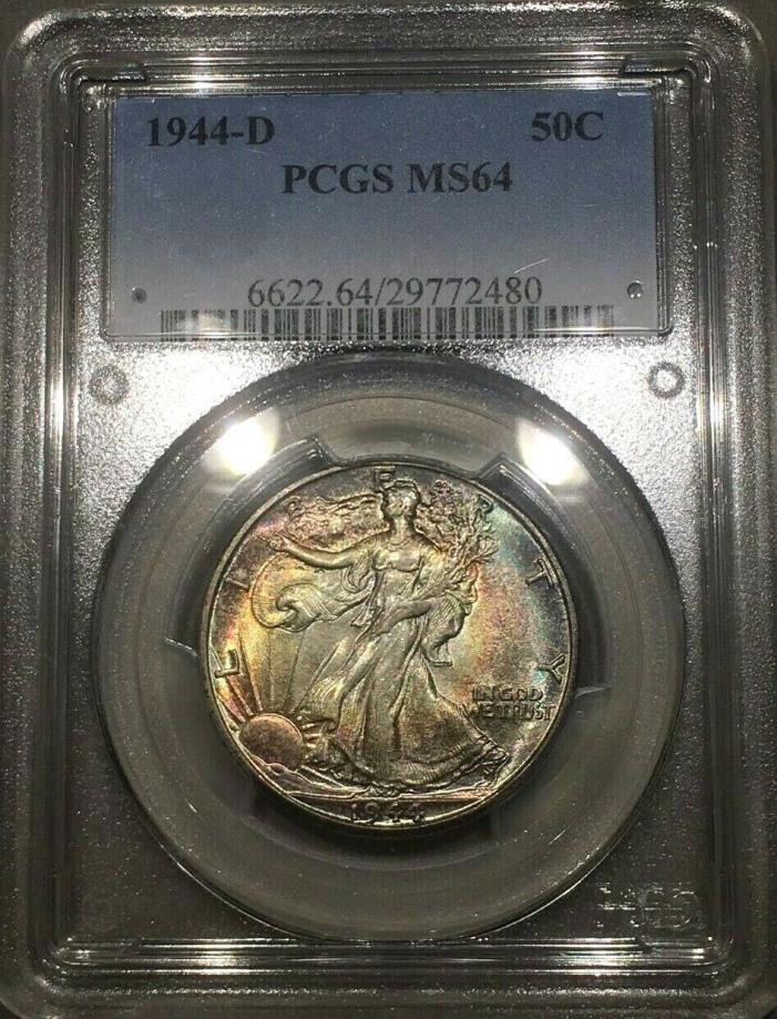 1944-D PCGS MS64 Rainbow Toned Walking Liberty Half Dollar Colorful with Luster!
