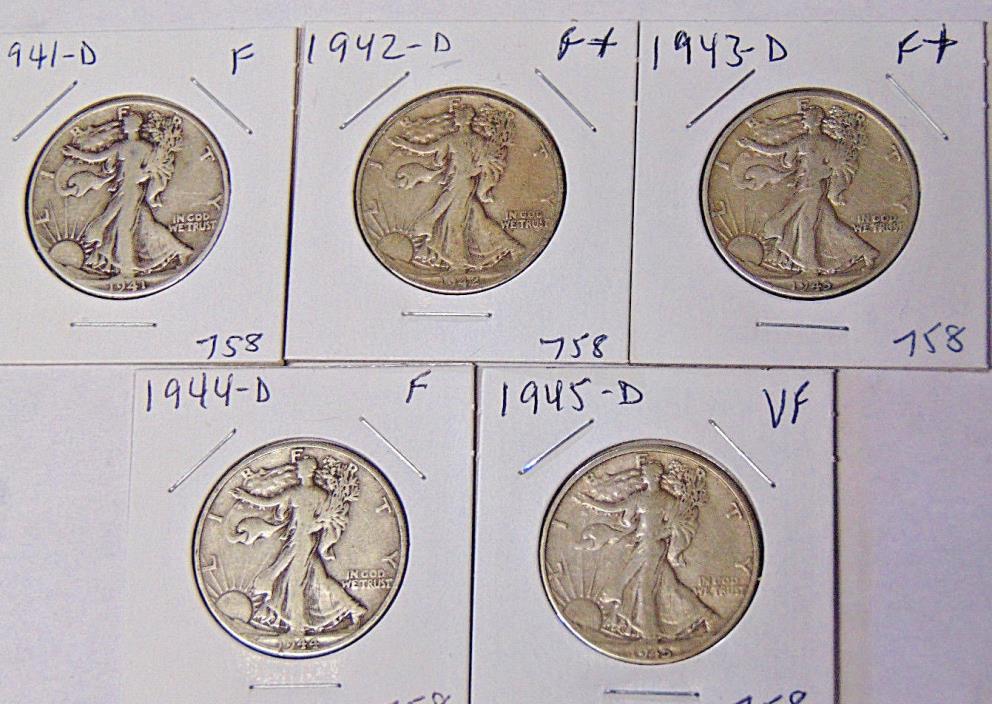 Lot of 5 Walking Liberty Half Dollars 1941-D 1942-D 1943-D 1944-D 1945-D Fine