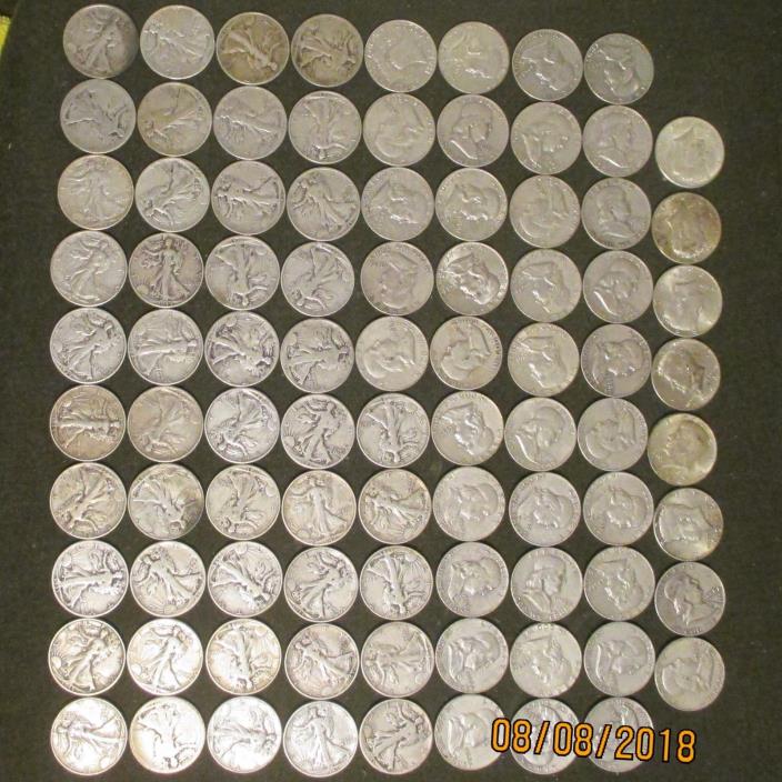 90% silver 88 half dollars  Walking Liberty 45,    Franklin 37,    Kennedy 6,
