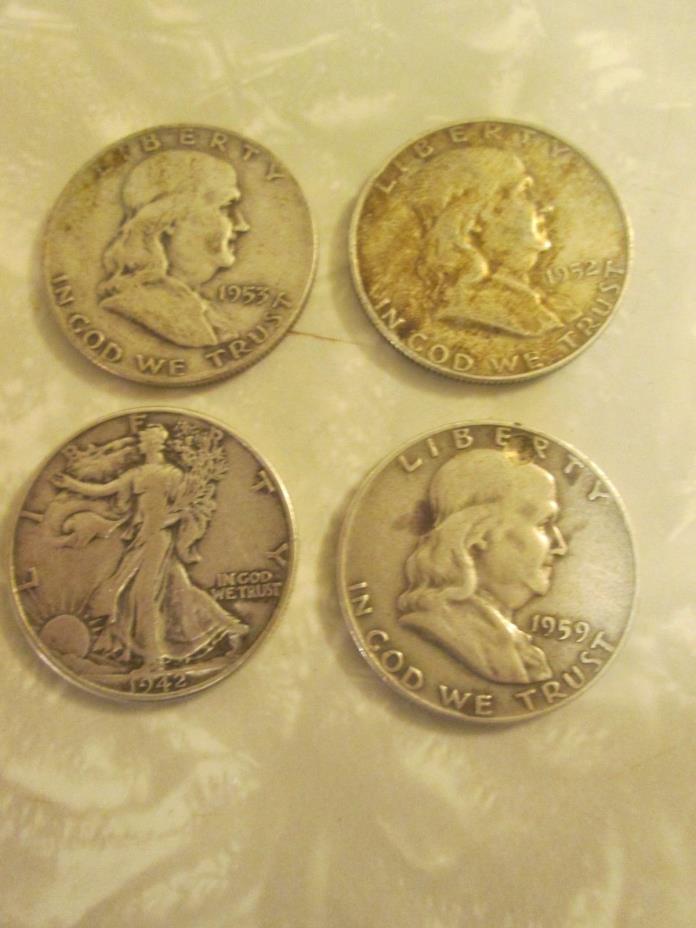 Lot of 4 Half Dollar Coins 90% Silver 3- Franklin/ 1 Liberty Not the Prettiest