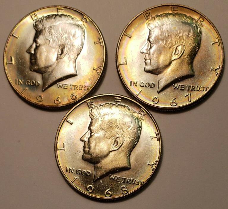 Toned 1966, 67 & 68 Kennedy 40% Clad Half Dollars SM003