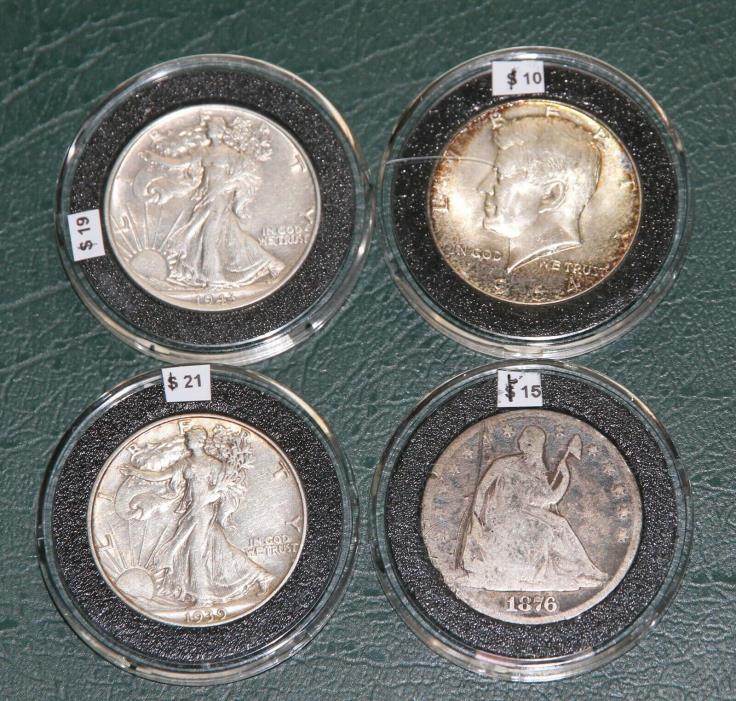 (4) Half Dollars 2 Walking Liberty & 1876 Seated & Kennedy in Airtite Holders