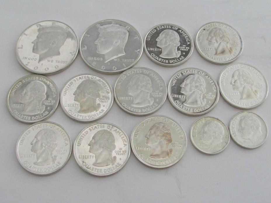FULL PROOF~SILVER~$3.70 FACE LOT 2000-2001 S BU~HALVES, STATE QUARTERS,DIMES