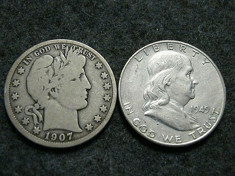 1907d Barber & 1949s Franklin Half Dollars $1.00 face value 90% silver