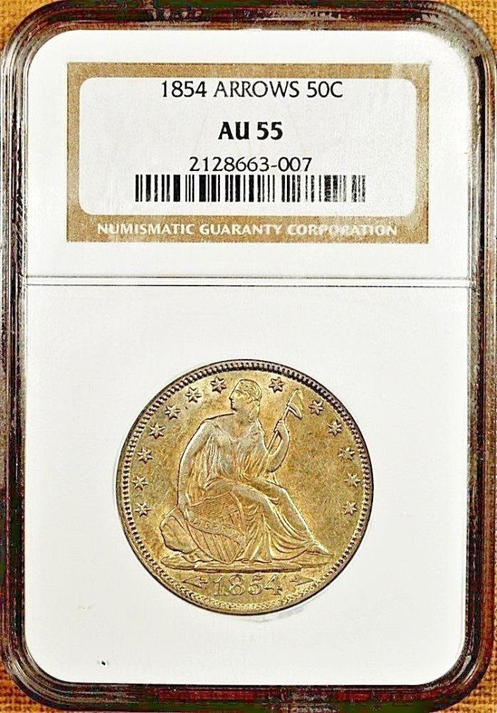 1854 Arrows NGC AU55 Seated Half Dollar