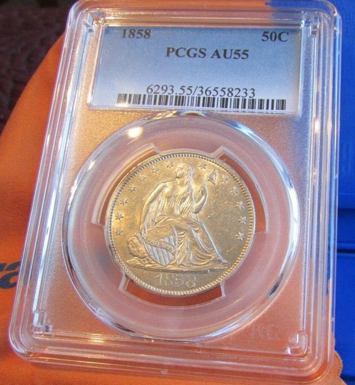 ~ 1858 ~ 50c PCGS AU55 Seated Liberty Half  ~  Trends = $600 PCGS Price Guide ~