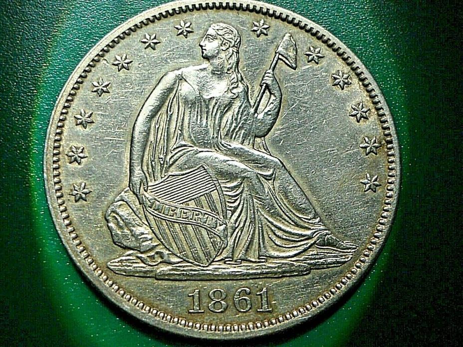 1861 P Seated Liberty Half Dollar. Little wear on talons/feathers/high spots.