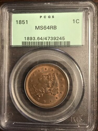 1851 Large Cent Coronet PCGS OGH MS-64 RB Old Green Holder; Lots of Red + Detail
