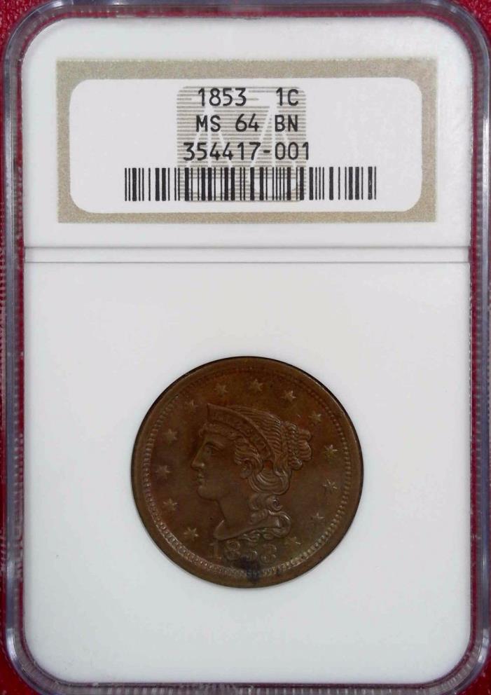 1853 LARGE CENT MS64BN NGC