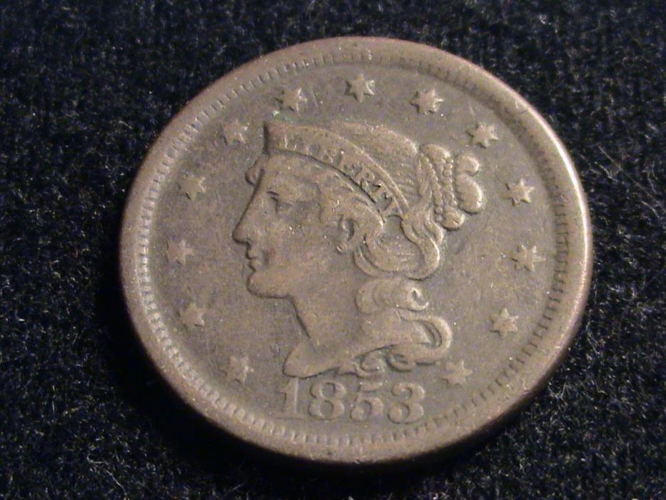 1853 Braided Hair Large Cent, full date, full liberty    P47