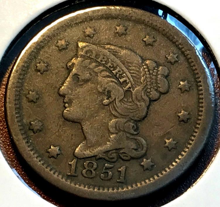 1851 Large Cent Nice Medium Brown Very Fine List $45 CHN