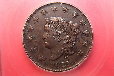 1825  Large cent,ICG AU-58, brown, smooth, choice ...
