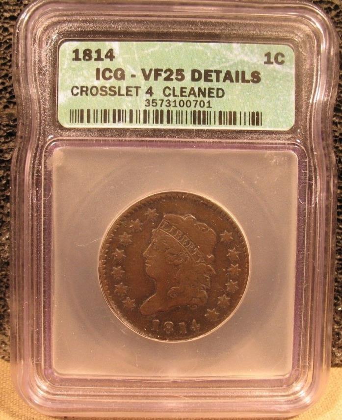 1814 Coronet Head Crosslet 4 Large Cent - ICG - VF - Cleaned
