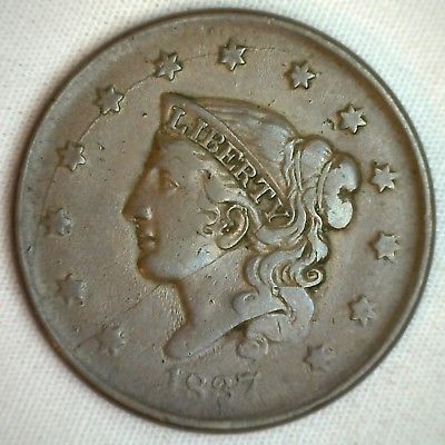1837 Coronet Large Cent US Copper Type Coin Extra Fine M10 Genuine US 1c Scratch