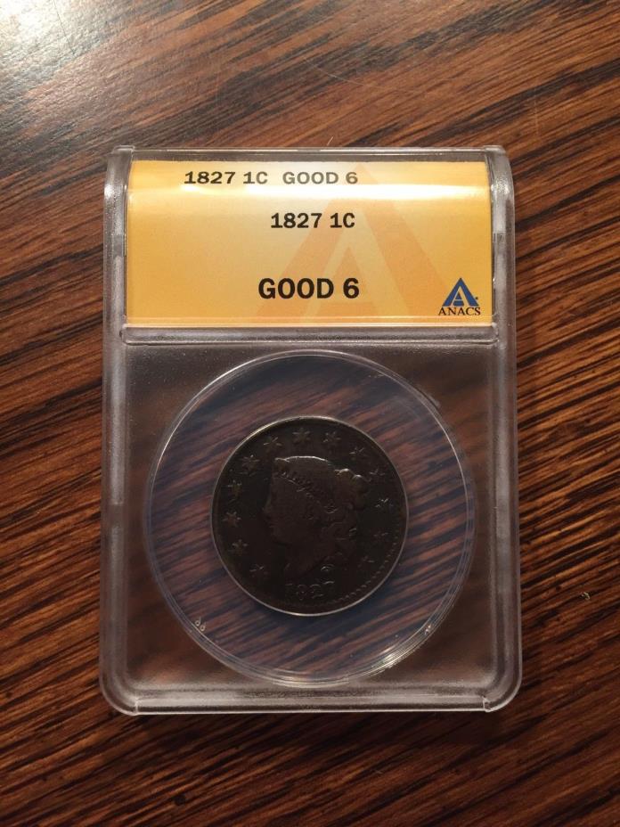 1827 Coronet Large Cent US Copper Type Coin ANACS Good 6