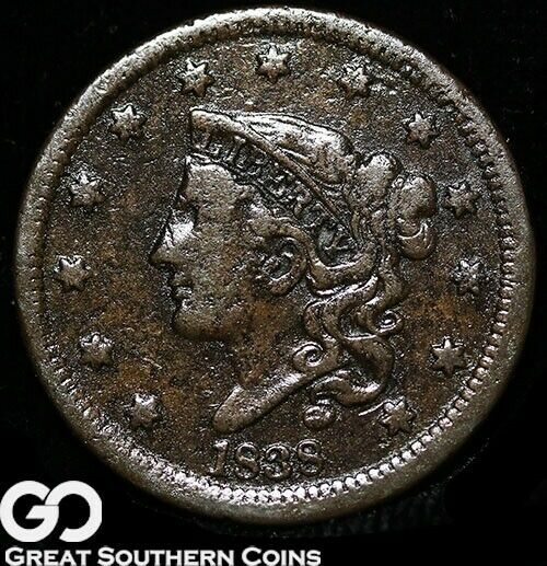 1838 Large Cent, Coronet Head, Scarce Early Copper