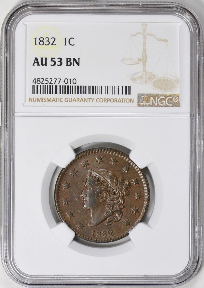1832 Coronet Head Large Cent NGC AU-53 N-2 Medium Letters