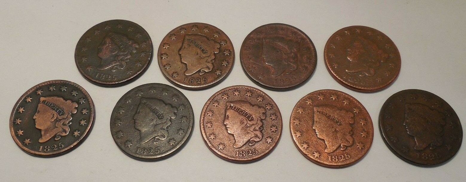 Lot of 9 - 1825 - Large Cent - Coronet Head - 1¢ - #2H