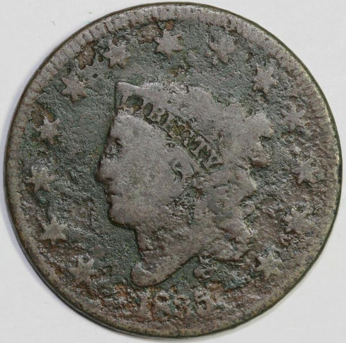 1835 1c Coronet or Matron Head N-9 Large Cent UNSLABBED