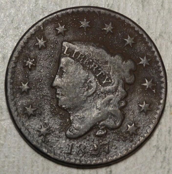 1827 Large Cent, Very Good Details, Inexpensive Type Coin, Discounted  0623-01