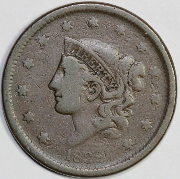 1838 1c Coronet or Matron Head Large Cent UNSLABBED