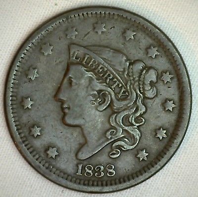 1838 Coronet Large Cent US Copper Type Coin Extra Fine Penny R8