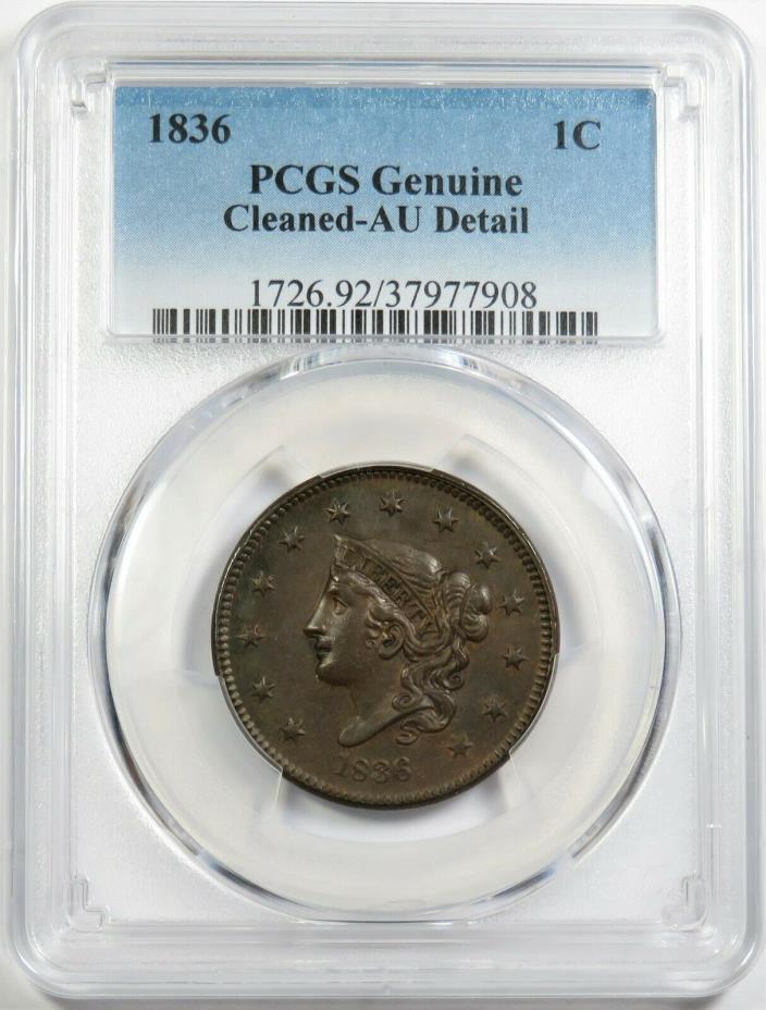1836 PCGS AU Detail Large Cent Coronet Head Penny 1c US Coin Item #20078A