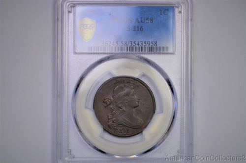 1801 Draped Bust Large Cent .01c PCGS S-216 AU 58 LOOK 1 of 30 Worldwide 1C 1991