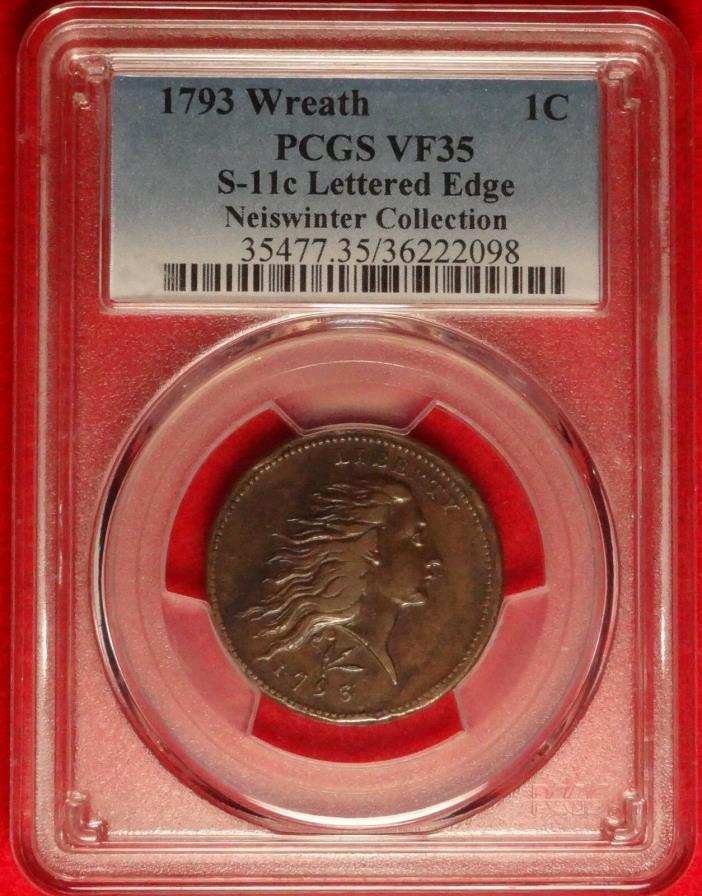 1793 1C PCGS VF35 FIRST YEAR ISSUED EARLY COPPER WREATH CENT LETTERED EDGE S-11c