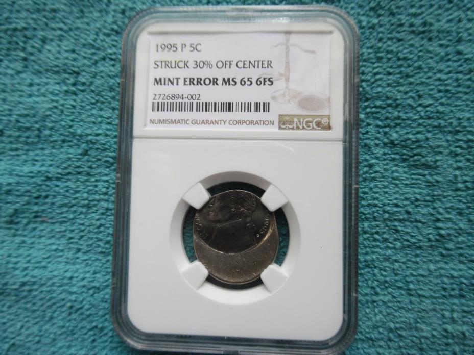 1995 P Jefferson Nickel, Struck 30% Off Center Mint Error, MS 65- 6 Full Steps