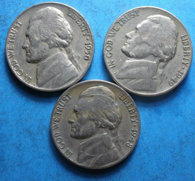 1948-P 1949-P 1950-P   Jefferson Nickel   3 coins  low mintage  '