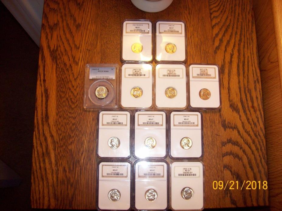COMPLETE SET JEFFERSON SILVER WAR NICKELS 11 MS67 NGC AND 1 MS66 PCGS 1943/2-P