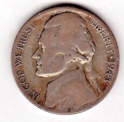 1943 S Jefferson nickel in AVERAGE CIRCULATED condition (  35 %SILVER )stk s15