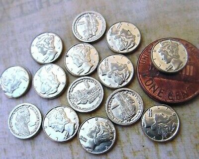 Vintage Miniature 10mm Silver Tone Metal Mercury Dimes Liberty Coins 14