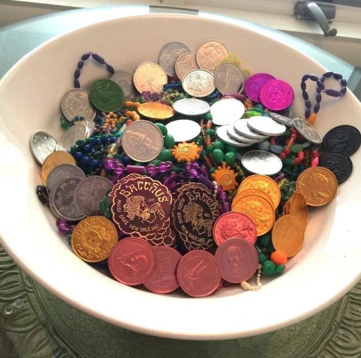 Mardi Gras Valuable Vintage Doubloons Plus Thrown Beads & Doubloons