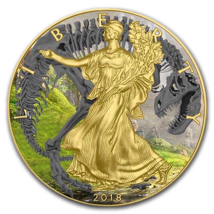 2018 1 oz .999 Silver w/Gold COLORIZED American Silver Eagle T-REX FOSSIL Coin