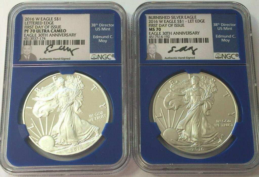 2016-W NGC PF70 PROOF & BURNISHED SILVER EAGLE FIRST DAY ISSUE BLUE CORE PAIR