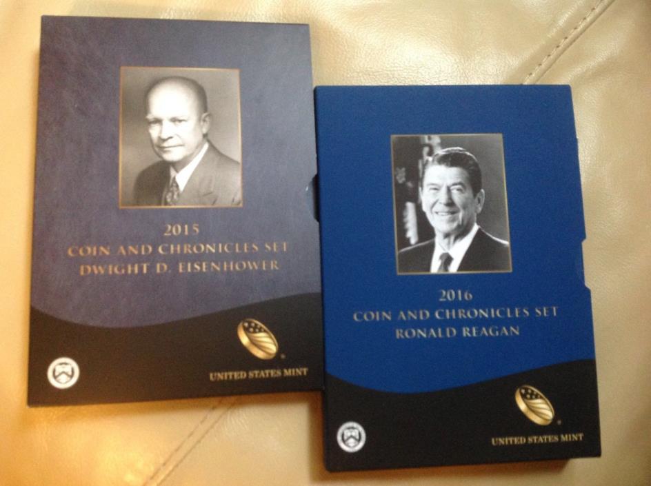 2 Coin & Chronicles Sets- Reagan/Eisenhower w/ Reverse Proofs Silver OGP