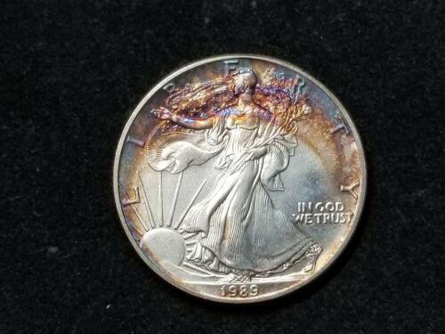 1989 . Silver  American  Eagle . Colorful  Crescent  Moon  Rainbow  Toning