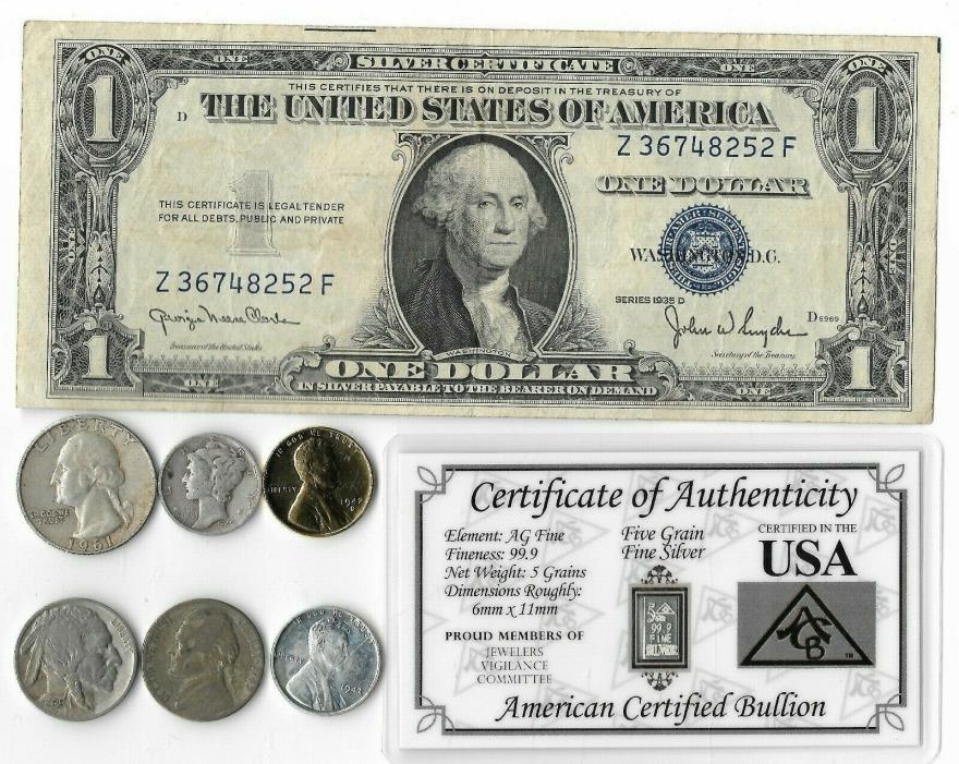 Rare Silver Dollar Quarter Mercury Dime War Nickel Bar Collection Lot Gold 228