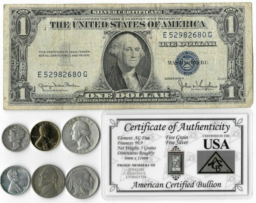 Rare Silver Dollar Quarter Mercury Dime War Nickel Bar Collection Lot Gold 227