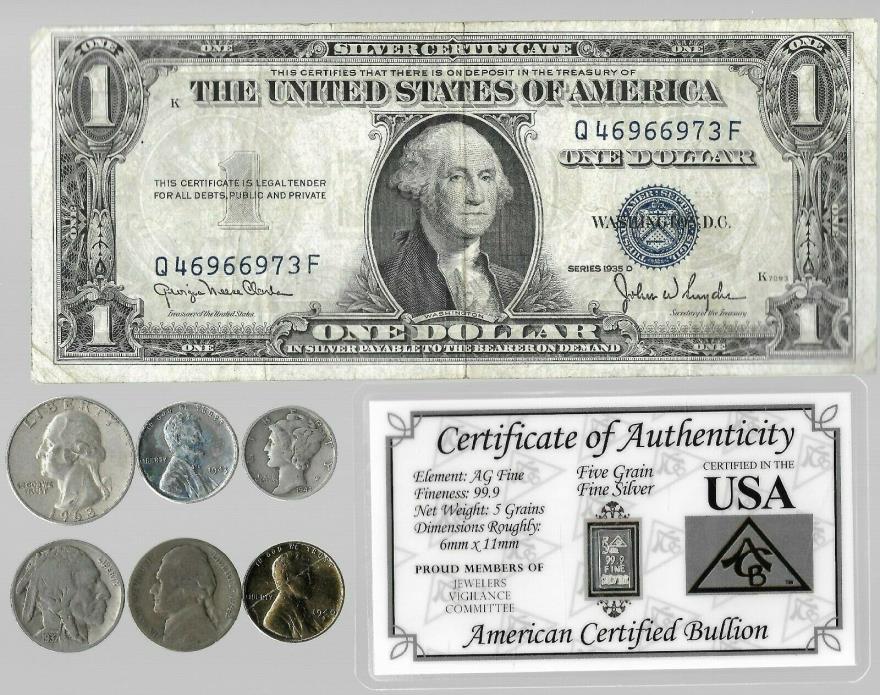 Rare Silver Dollar Quarter Mercury Dime War Nickel Bar Collection Lot Gold 229