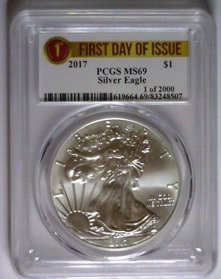 2017 PCGS MS69 SILVER EAGLE MS 69 FIRST DAY 1 of 2000 Ribbon