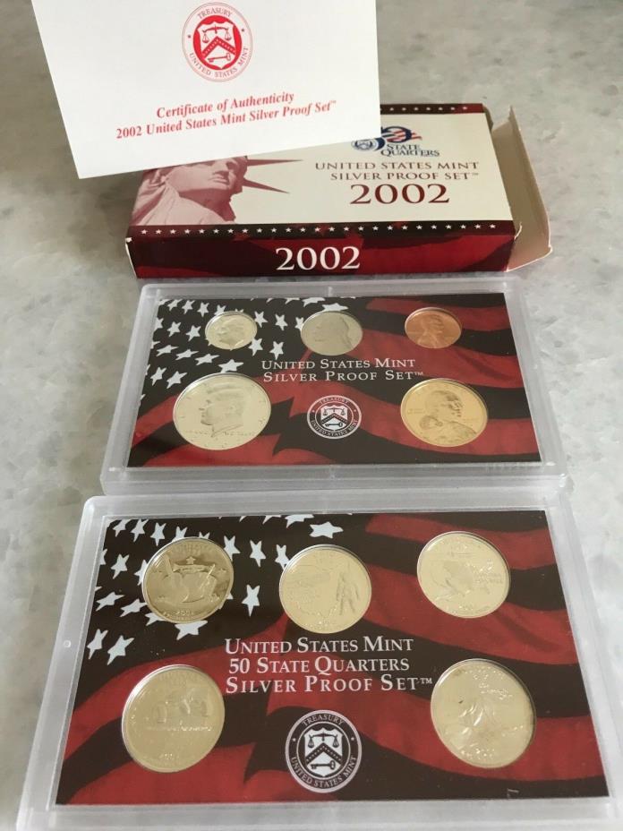 2002-S SILVER PROOF SET W/BOX, COA, 10 COINS INCL. 5 STATE SILVER QUARTERS, NICE