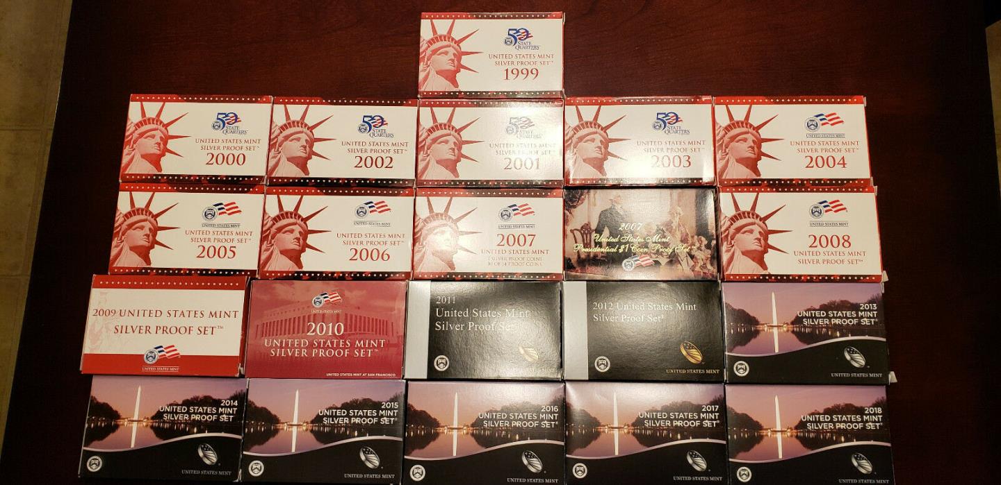 1999 to 2018 U.S. Silver Proof Set Collection (20 Sets in Total)