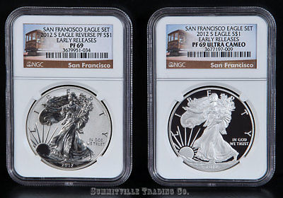2012-S SILVER EAGLE S.F. 75TH ANNIV. 2-COIN SET NGC EARLY RELEASES BOTH PF69