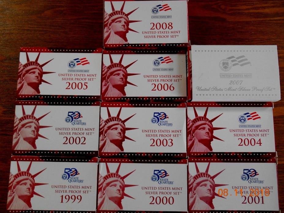 1999-2008 US MINT SILVER PROOF SETS OGP