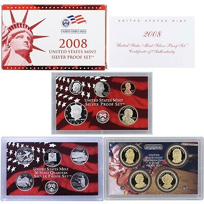 2008 S Proof Set Original Box & COA 14 Coins 90% Silver Quarters Kennedy US Mint